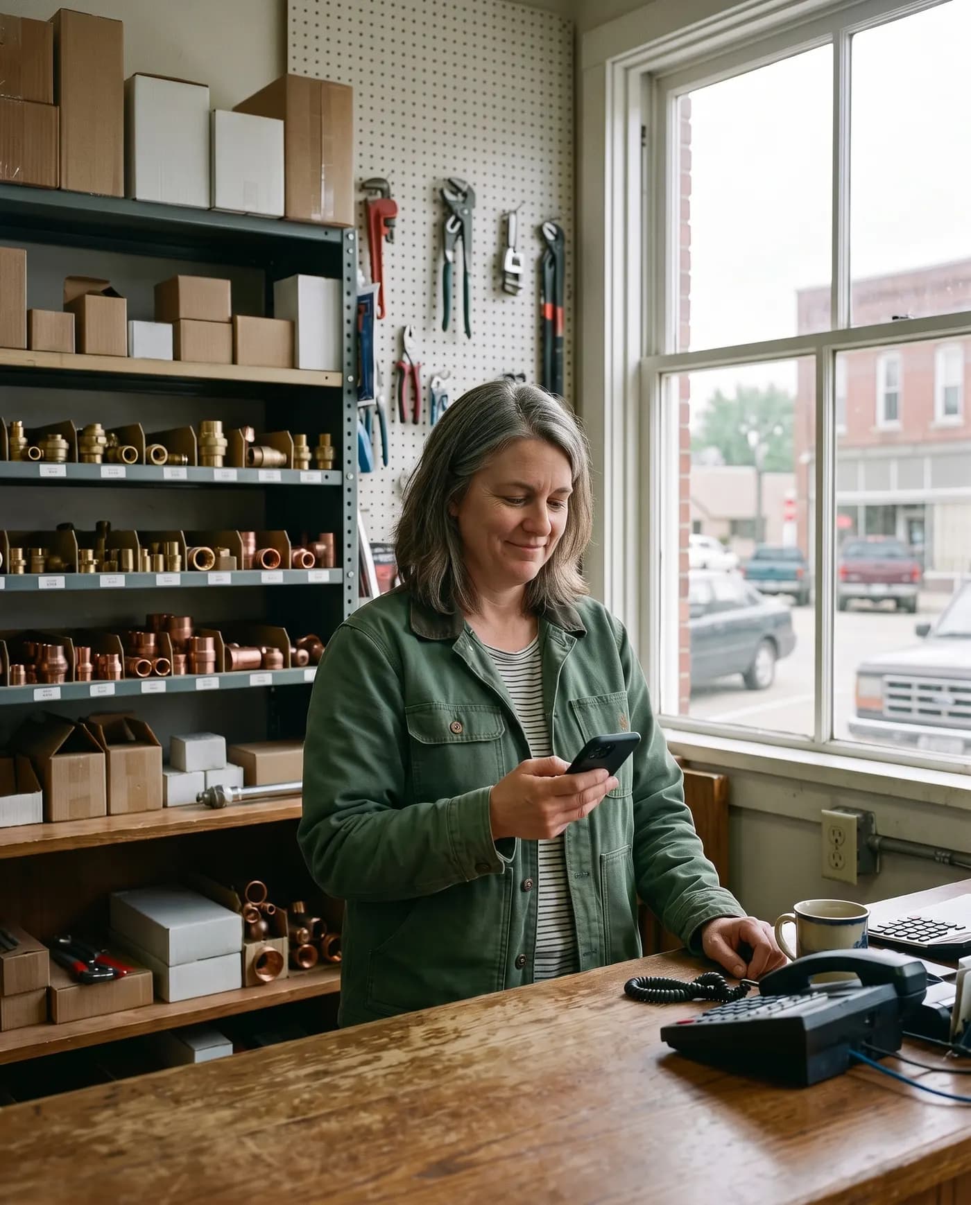 Owner of a plumbing supply shop smiling at a message on her phone at the counter