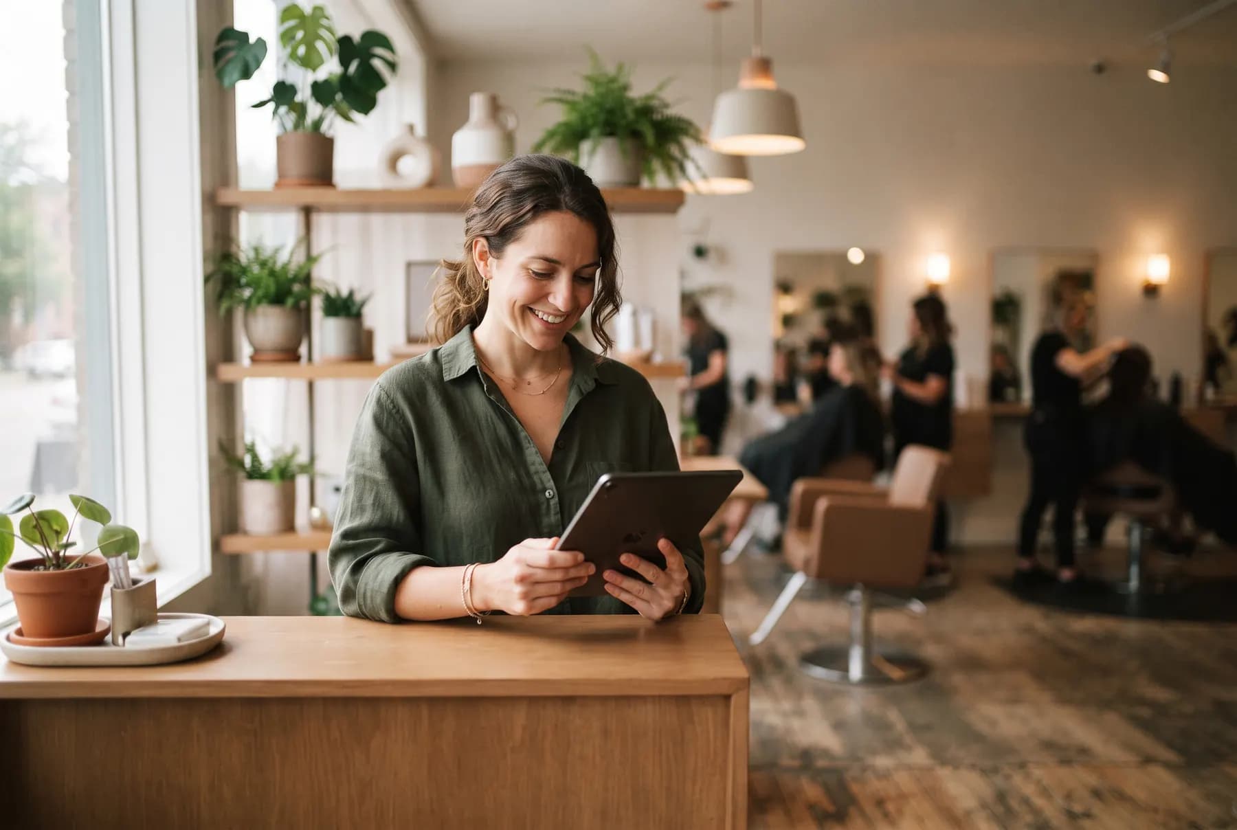 Salon owner checking bookings on a tablet at her front desk