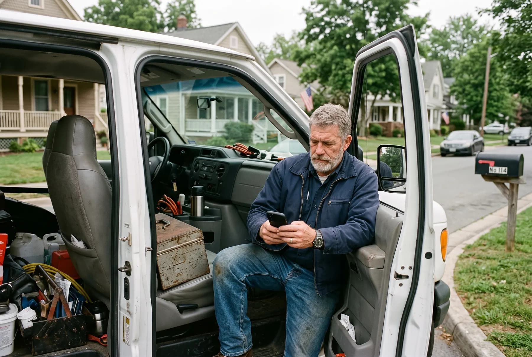 Tradesman in his work van reviewing the day’s jobs on his phone