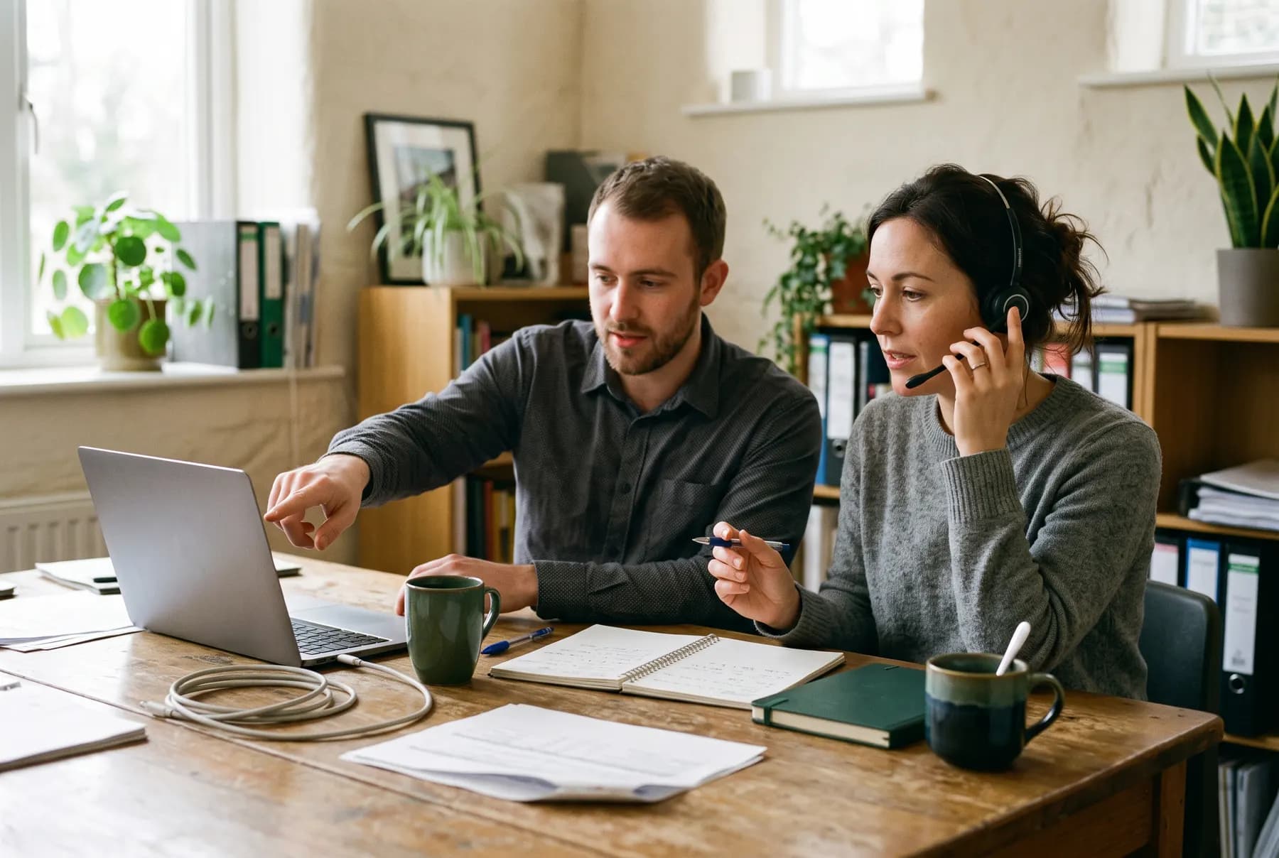 Two colleagues at a shared desk, one on a headset call while the other points at a laptop