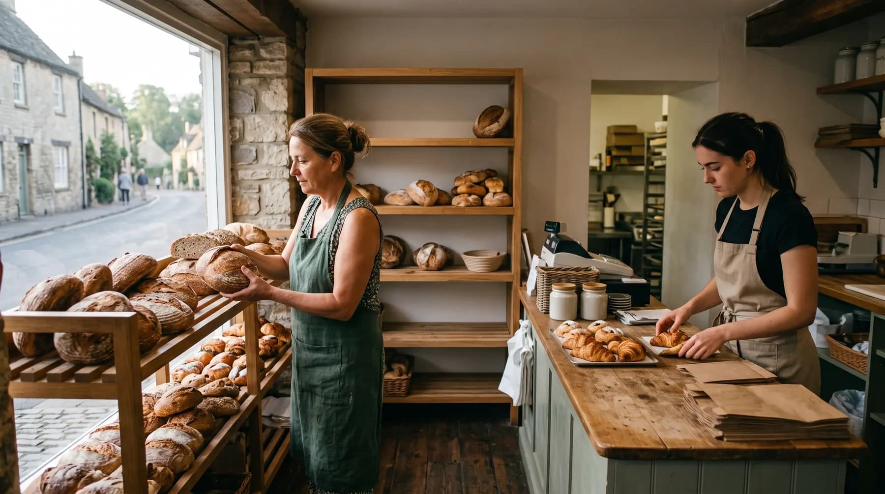 Bakery owner stocking bread shelves while a colleague prepares the counter before opening